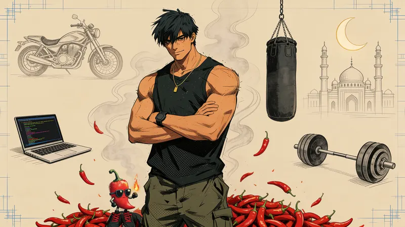 Sheb3o, arms crossed with a calm half-smirk, surrounded by inked icons of a motorcycle, a heavy bag, a barbell, a laptop, a crescent over minarets and a pile of red chilies — Shatta at his feet holding a flame