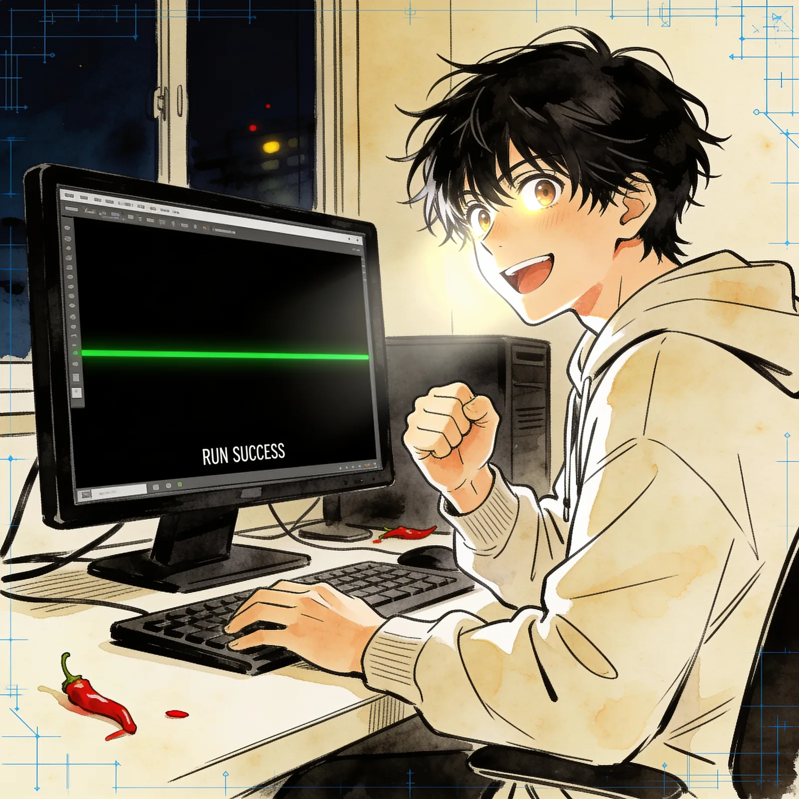 The click — a monitor reflected in his eye.