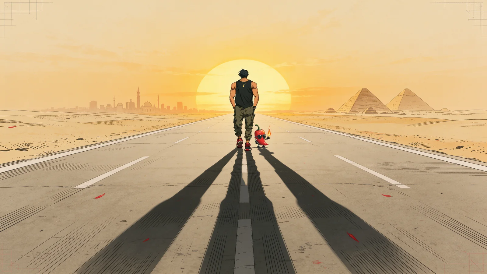 Sheb3o and Shatta walking down an open road into the sunrise, the Cairo skyline and pyramids behind them