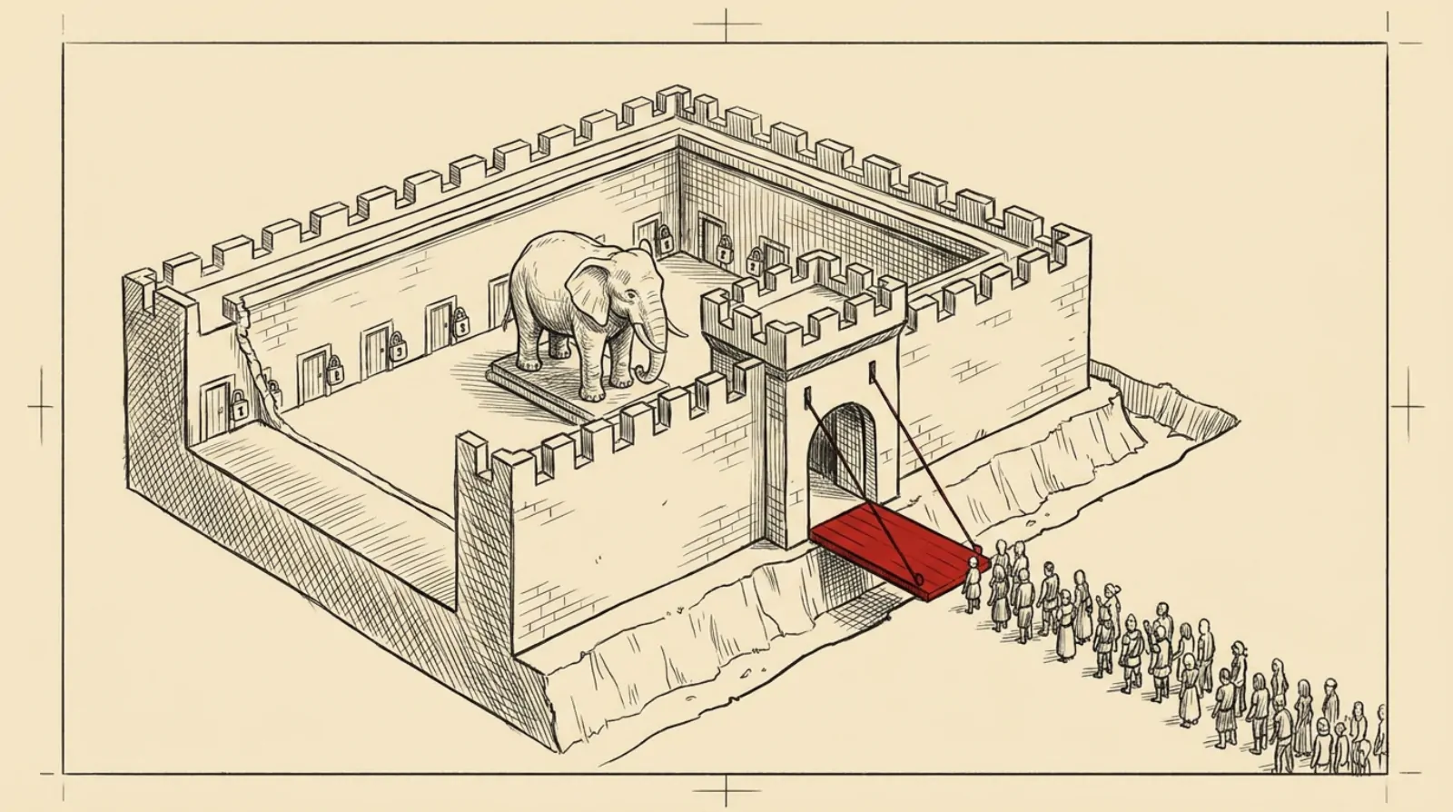 Ink sketch of a fortress wall in cross-section protecting a database elephant, with one drawbridge as the only way in