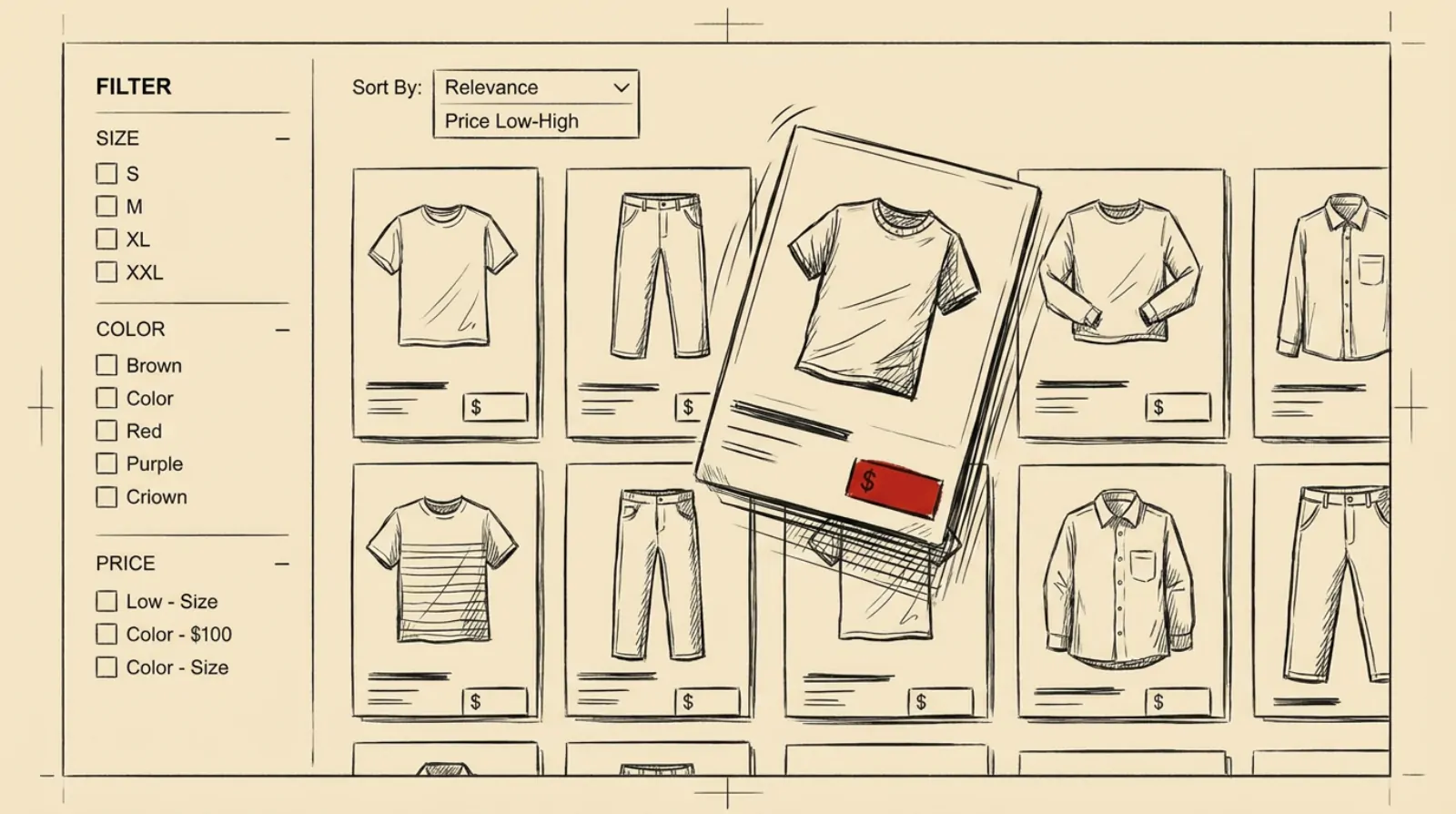 Ink sketch of an e-commerce product grid wireframe with a filter sidebar and one lifted product card