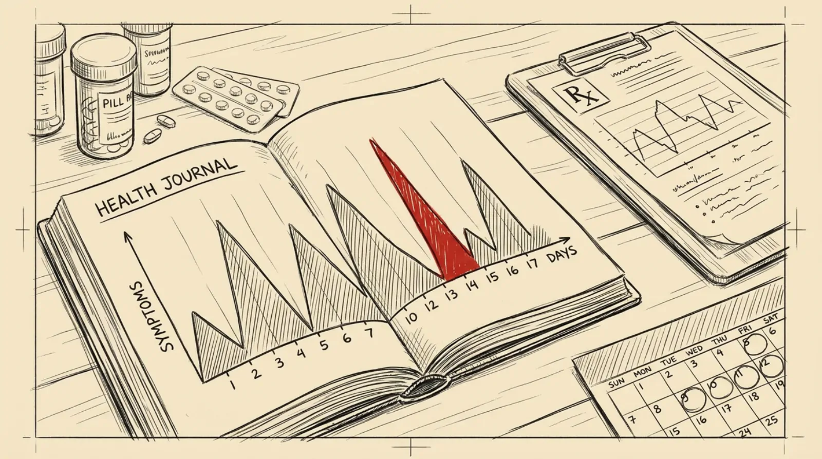 Ink sketch of an open health journal showing a symptom timeline with one flare-up spike marked in red