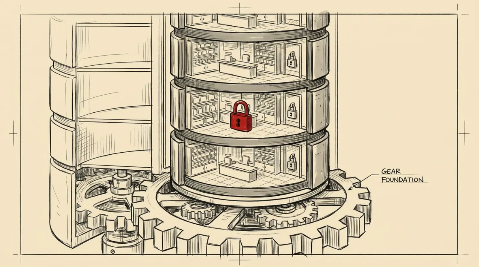 Ink sketch of a database cylinder drawn as an apartment building, each floor a separate shop with its own padlock