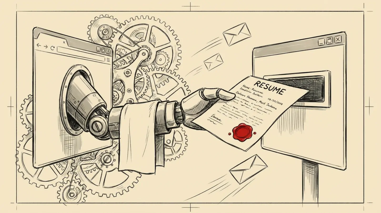 Ink sketch of a mechanical butler arm posting a sealed resume into a mailbox shaped like a browser window
