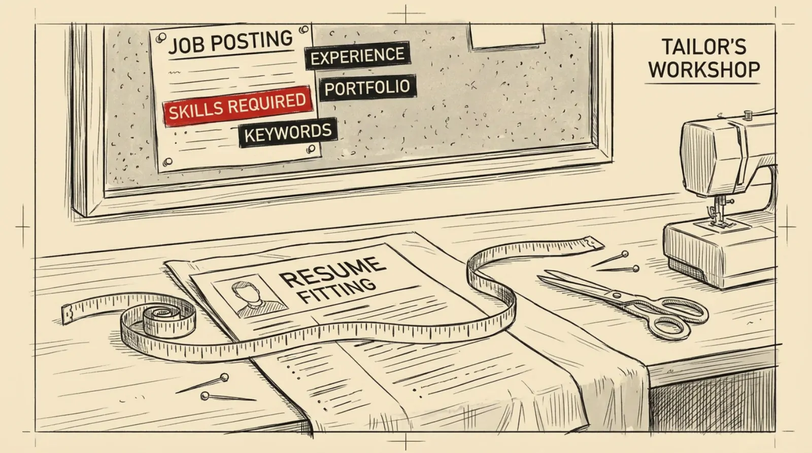 Ink sketch of a resume laid out on a tailor's table with measuring tape, next to a pinned job posting