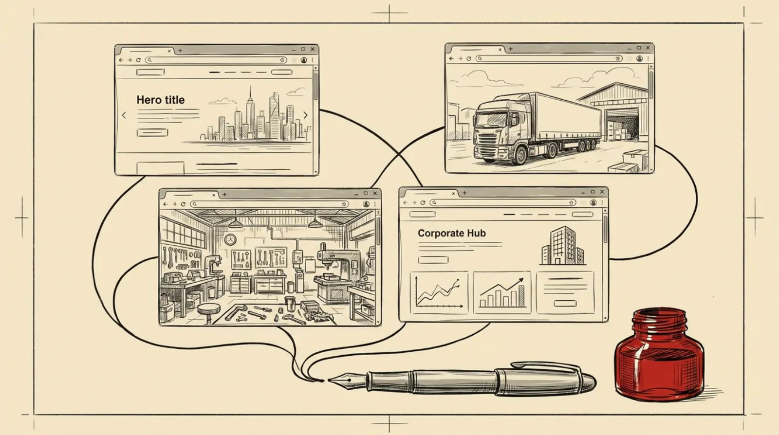 Ink sketch of four browser windows with different landing pages, all drawn by a single fountain pen
