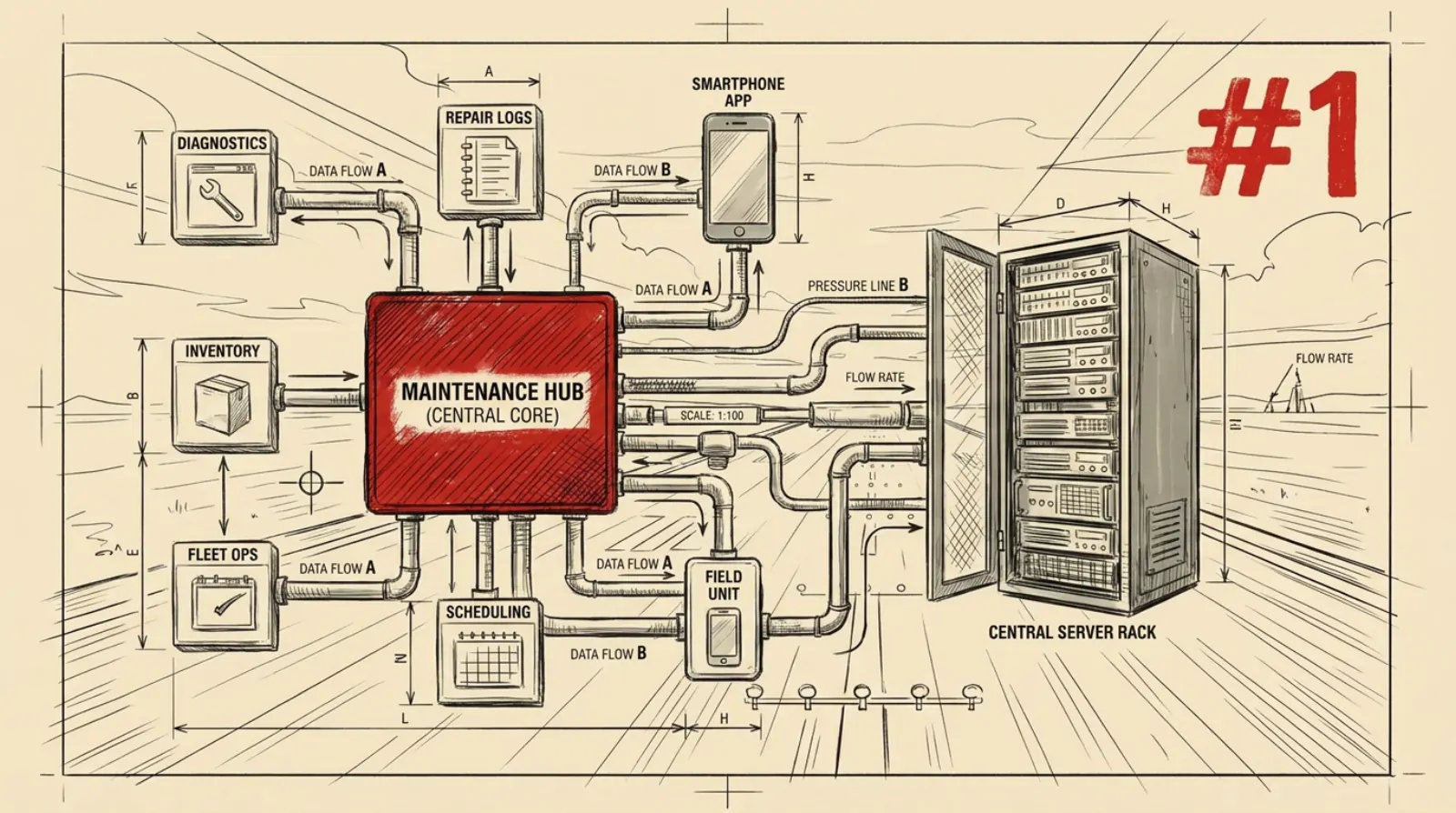 Blueprint-style sketch of a monorepo splitting into six app modules and a smartphone, all wired into one server rack
