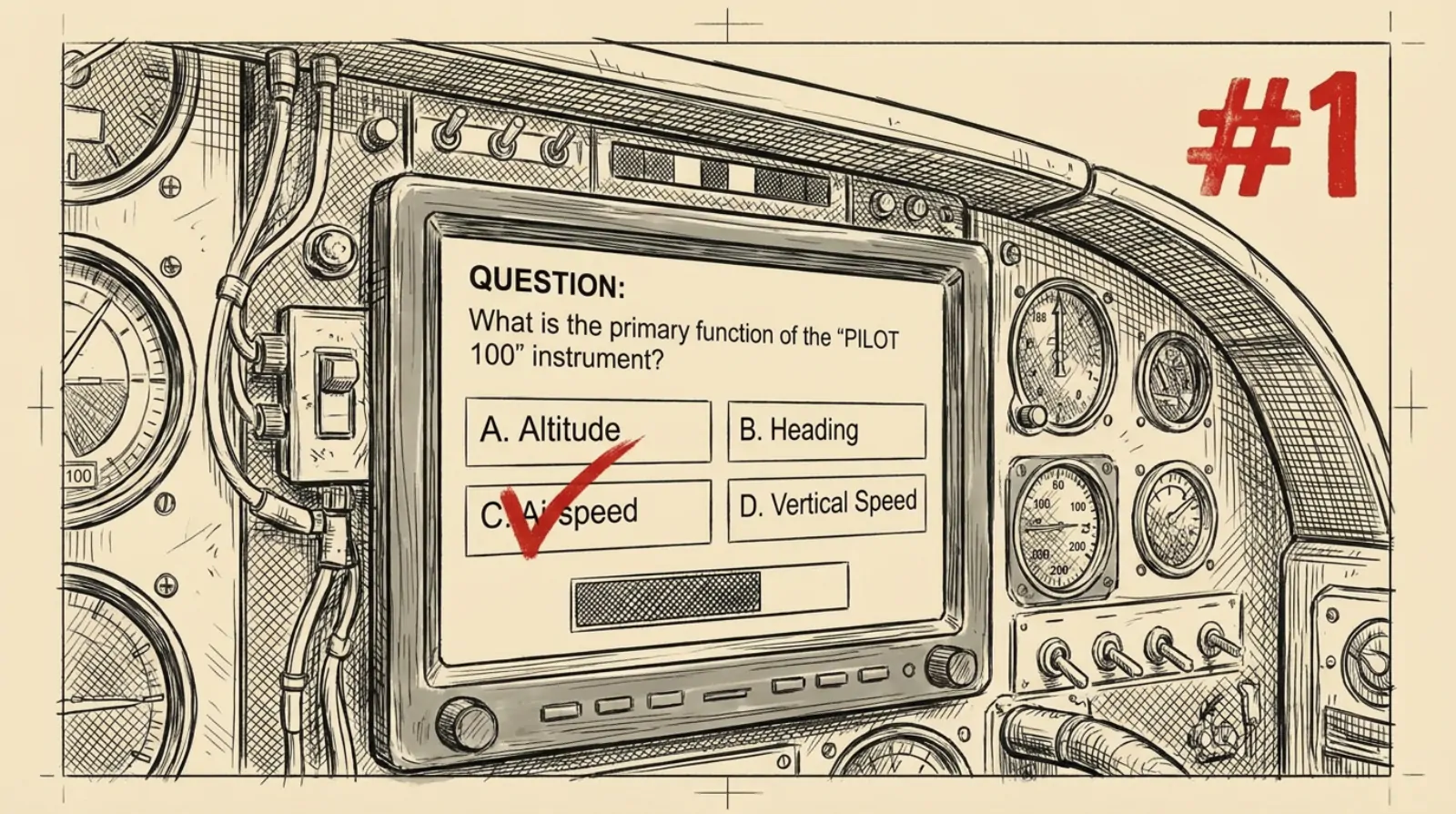 Ink sketch of a cockpit instrument panel whose central screen shows a multiple-choice exam question