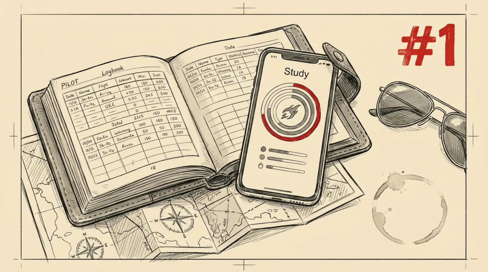 Ink sketch of a pilot's logbook beside a smartphone running a study app with progress rings