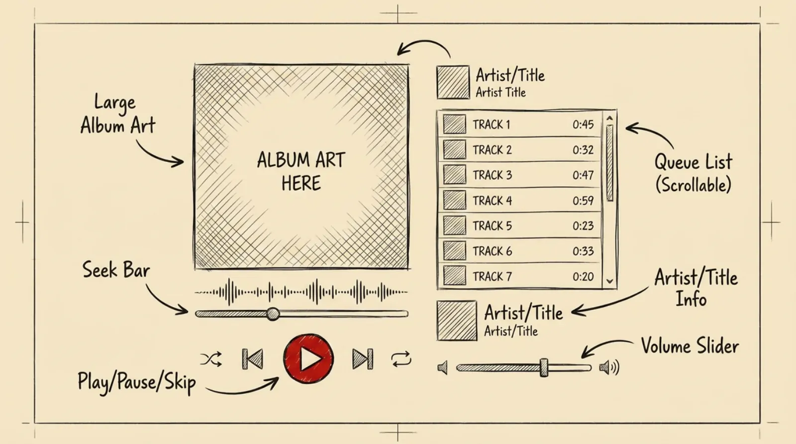 Ink sketch of a music player interface drawn as an annotated designer's wireframe