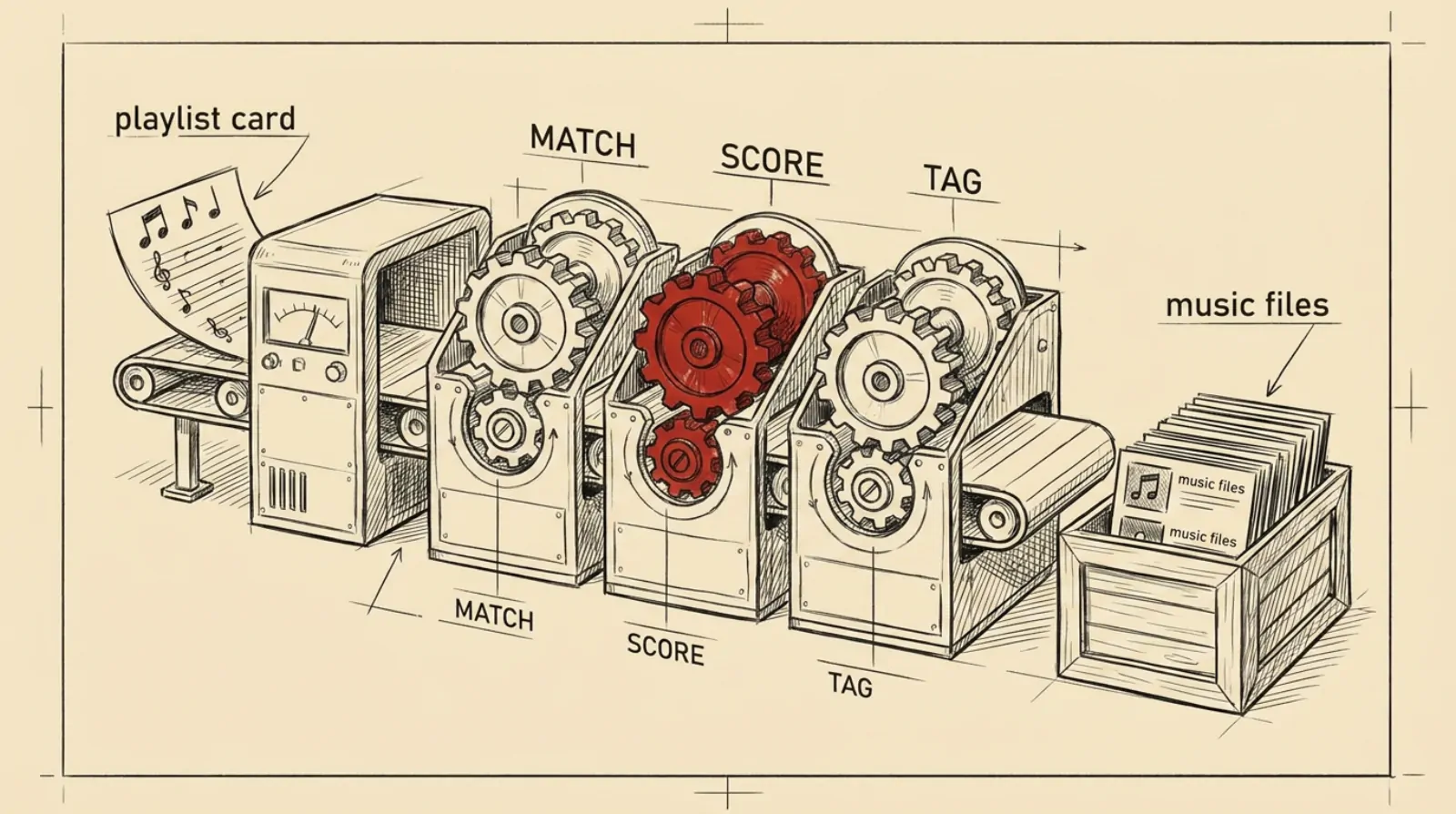 Ink sketch of a conveyor-belt machine turning a playlist card into tagged music files