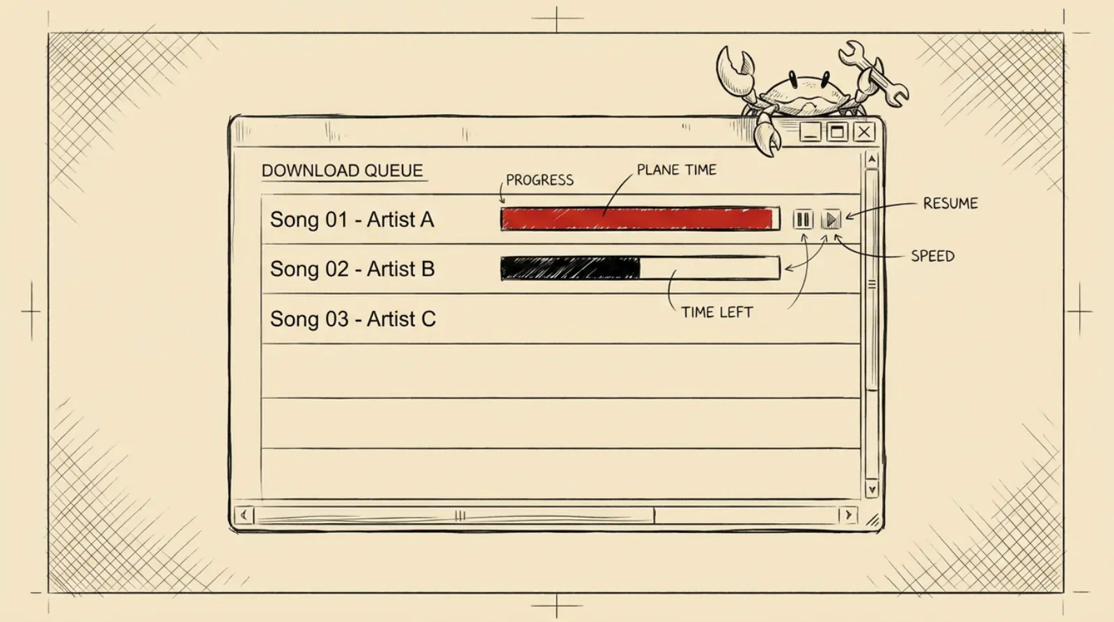 Ink sketch of a desktop window showing a download queue with progress bars and a small crab mascot