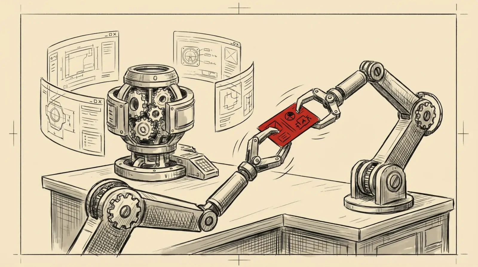 Ink sketch of two robotic arms passing a task card between them in front of orbiting terminal windows
