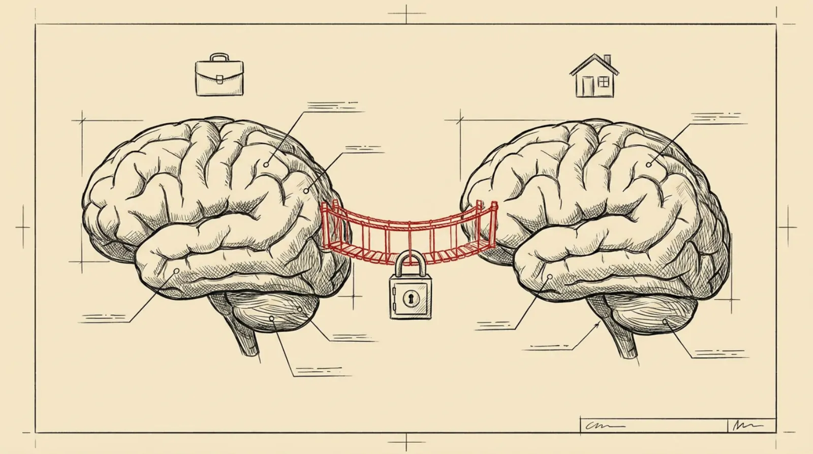 Ink sketch of two brains connected by a single narrow bridge with a locked safe beneath it