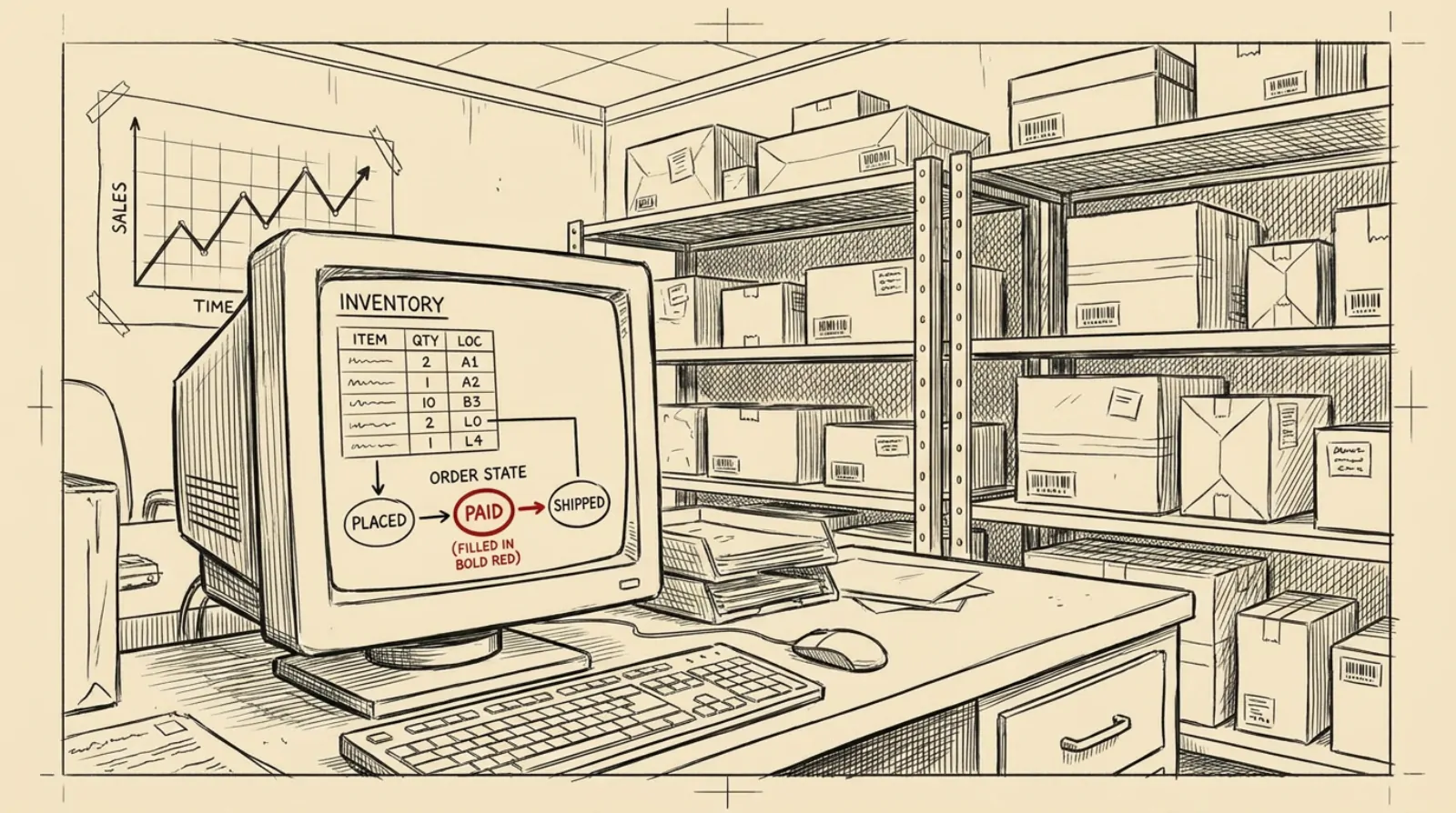 Ink sketch of an admin control room with an order state diagram on the monitor and barcoded packages on shelves